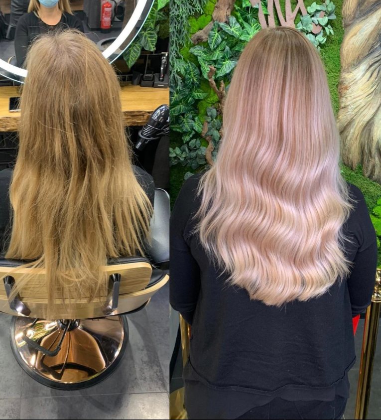 Vorher und nachher: von Straßenblond zu Pastellrosé